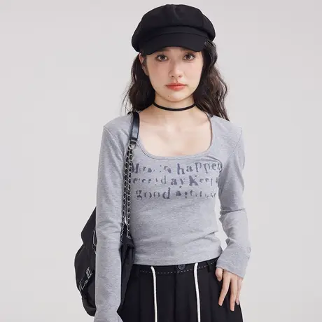 尔给长袖正肩气质法式锁骨方领短款上衣女2023新款春秋修身打底衫图片