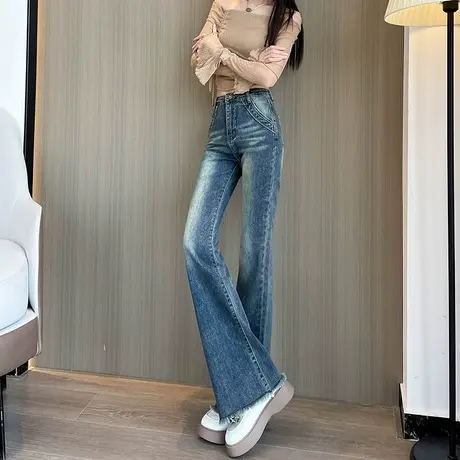 复古蓝微喇叭牛仔裤女秋季新品做旧高腰辣妹毛边直筒高个子拖地裤商品大图