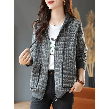 宝诗黎连帽提花针织宽松短外套女拉链开衫口袋上衣2023春秋季新款商品大图