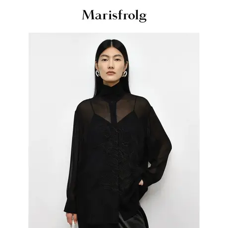 【6A级桑蚕丝】玛丝菲尔2023年秋季新款黑色薄纱海鸥刺绣长袖衬衫商品大图