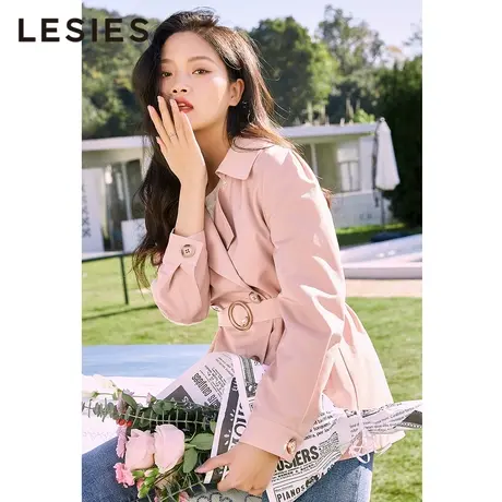 LESIES蓝色倾情春秋新款女装翻领设计系带一手长短款风衣外套图片