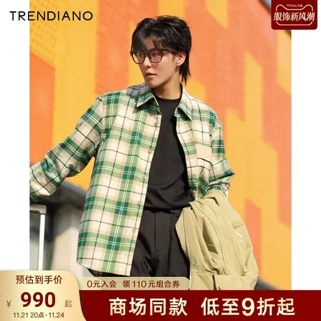 TRENDIANO官方音符贴标格子提花微阔衬衫外套潮2023新款秋季商品大图