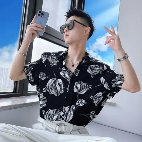 夏季男士衬衫短袖宽松半袖潮流休闲帅气花色潮牌网红痞帅个性衬衣商品大图