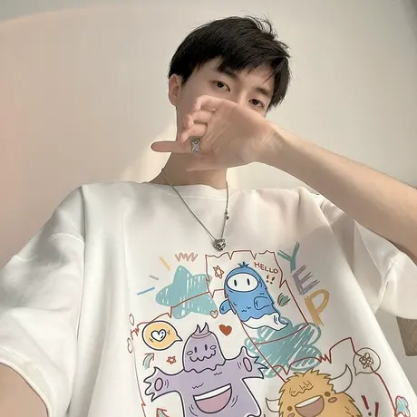 2024夏季新款涂鸦卡通印花宽松纯棉短袖T恤男ins潮牌情侣男女体恤图片