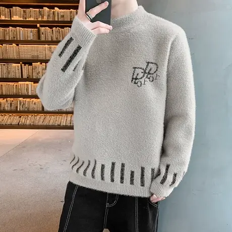 毛衣男秋冬2022新款水貂绒加厚潮流半高领青年学生长袖打底针织衫商品大图