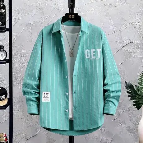 长袖衬衫男款秋季纯棉韩版学生潮牌帅气印花条纹薄款百搭衬衣外套商品大图