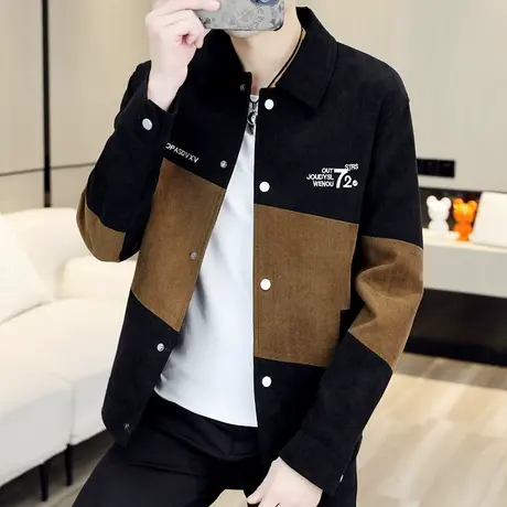 春装新款潮牌外套男士刺绣春秋款上衣服韩版拼色痞帅气灯芯绒夹克商品大图