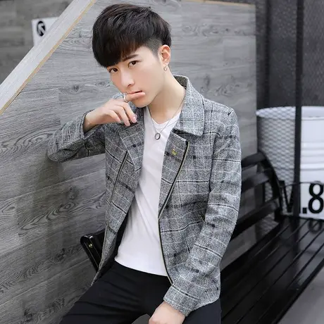 男士风衣外套2023春款修身青年休闲小西装男潮流韩版千鸟格上衣图片