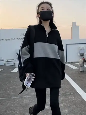 加绒加厚设计感卫衣女春秋新款胖mm大码宽松显瘦遮肚子上衣200斤商品大图