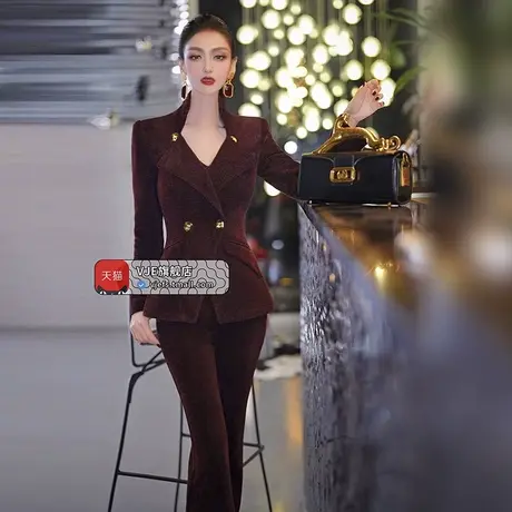 VJE冬季加厚轻熟风OL职业总裁正装女双排扣外套喇叭裤两件套图片