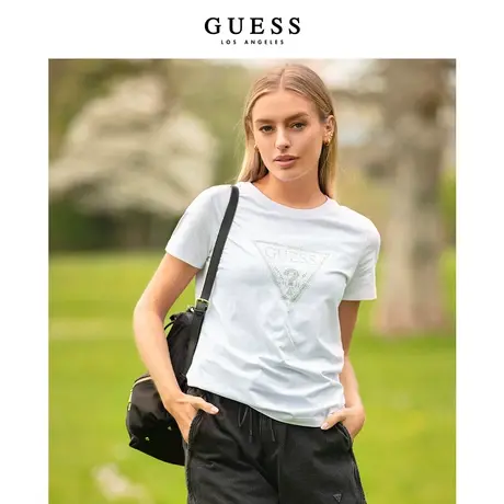 【38上新季】GUESS女倒三角LOGO立体烫钻印花纯棉短袖T恤上衣商品大图