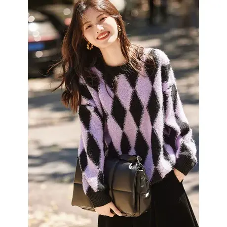 时尚气质套头毛衣2023年秋季新款温柔气质圆领菱形撞色百搭长袖商品大图