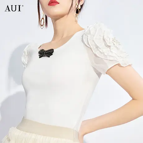 AUI白色设计感花瓣袖针织衫女2023夏季新款小众方领修身百搭上衣图片