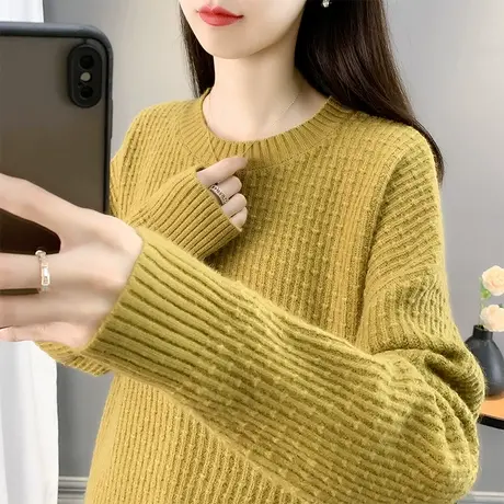 圆领毛衣女2023年秋冬新款宽松套头毛衣女纯色百搭外穿长袖上衣女商品大图