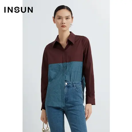 INSUN恩裳线上专选秋季撞色拼接条纹棉质衬衫图片