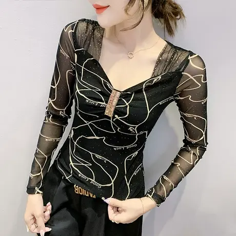 网纱打底衫女春秋性感V领长袖T恤加绒印花上衣修身紧身内搭小衫潮商品大图
