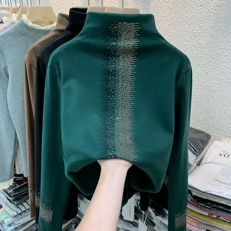 德绒打底衫女秋冬内搭洋气烫钻上衣修身加厚保暖长袖半高领T恤潮商品大图