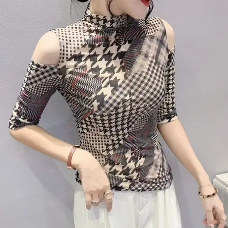 初秋半高领T恤女中袖欧货别致洋气性感露肩上衣修身显瘦网纱小衫商品大图