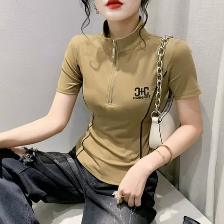 拉链立领上衣女短袖2024夏季新款气质网红T恤ins百搭显瘦修身小衫商品大图