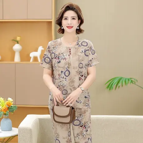 妈妈夏装冰丝中老年女新款时尚洋气套装奶奶老太太短袖衣服两件套商品大图