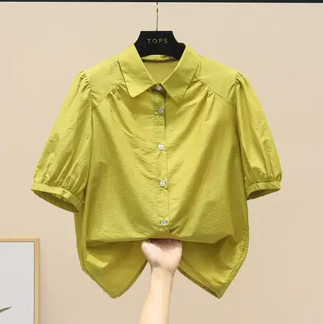 2023夏季新款衬衫短袖女纯色单排扣泡泡袖衬衣显瘦翻领法式上衣女商品大图
