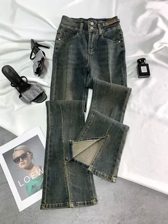 水洗做旧高腰前开叉微喇牛仔裤女2023早秋新款弹力显瘦马蹄喇叭裤商品大图