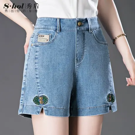 浅色复古刺绣牛仔短裤女夏季薄款2023新款高腰显瘦a字阔腿四分裤图片