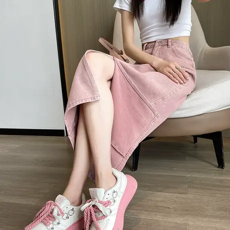 粉色高腰开叉牛仔半身裙女2023年新款夏季中长款遮胯a字包臀裙潮图片