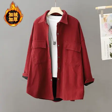 加厚加绒衬衫女士中长款秋冬新款大码宽松设计感百搭复古上衣外套图片