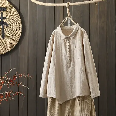 枫谜2021年秋装新款文艺提花棉麻长袖衬衫女不规则套头衬衣上衣商品大图