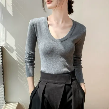 歌倍尚U领长袖针织衫女装2023早秋新品简约修身显瘦纯色内搭上衣商品大图