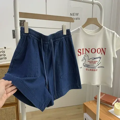 水洗全棉牛仔短裤女2022夏季薄款宽松显瘦百搭抽绳直筒阔腿休闲裤商品大图