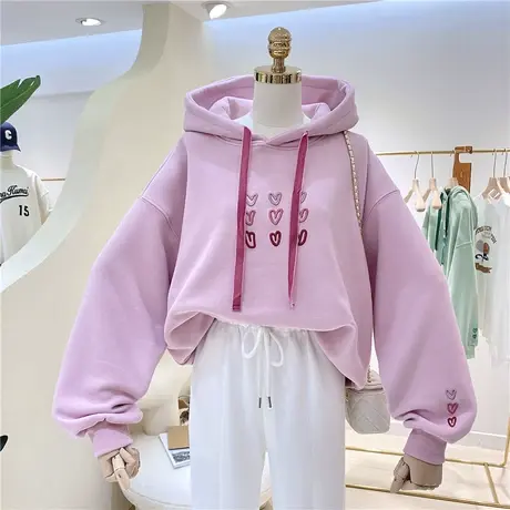 加绒加厚百搭冬季清新刺绣爱心宽松保暖连帽卫衣女帽衫外套ins潮商品大图