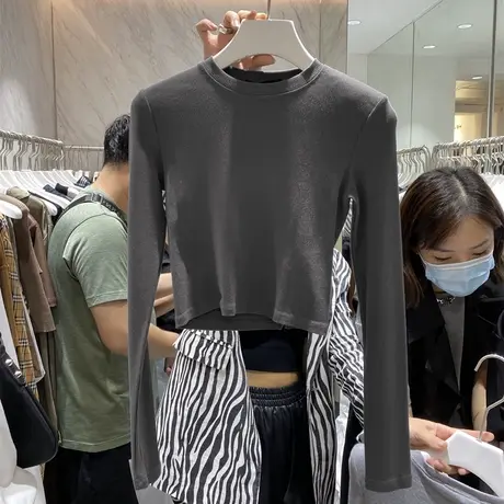 2024早秋季新款高腰修身打底衫内搭短款紧身上衣服长袖正肩t恤女商品大图