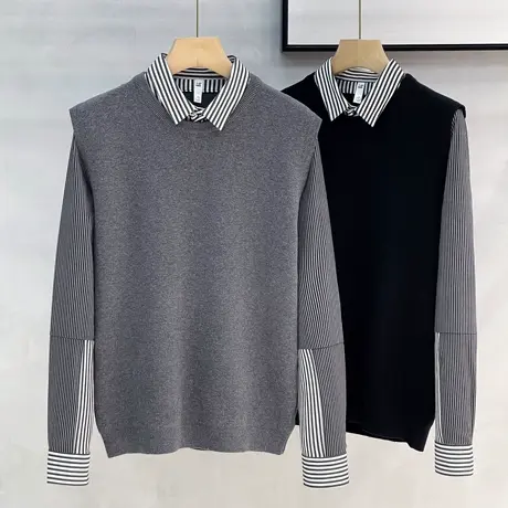2023秋冬季新款条纹衬衫假两件毛衣男加绒韩版修身潮流针织打底衫图片