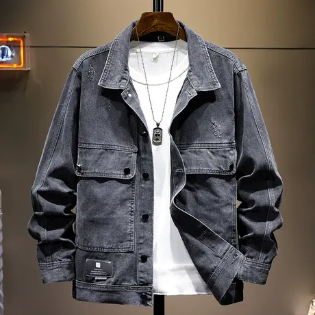 春秋款牛仔衣黑色牛仔外套复古男士秋季潮牌宽松翻领工装夹克潮牌商品大图