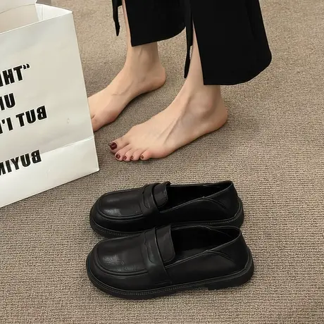 小皮鞋英伦风单鞋女2023新款春秋平底乐福鞋百搭黑色工作鞋一脚蹬图片