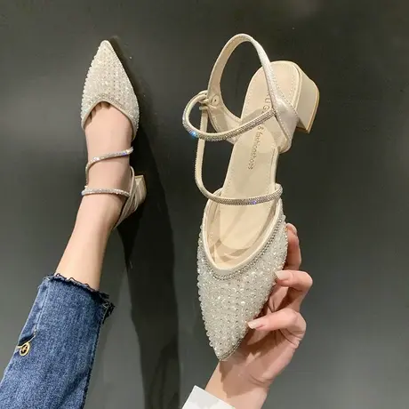 永希时尚一字带粗跟高跟鞋女2022夏季新款高级感水钻包头时装凉鞋商品大图