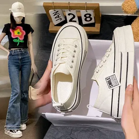 学院风厚底小白帆布板鞋女夏季ins潮2023新款小众百搭休闲运动鞋商品大图