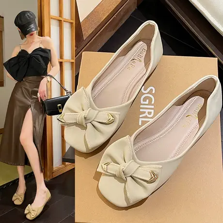 温柔风蝴蝶结豆豆鞋女配裙子2023年春秋新款软底浅口平底上班单鞋商品大图