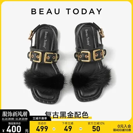 BeauToday凉鞋女春款BT沙滩凉鞋女小众凉鞋平底黑色凉鞋女罗马鞋图片