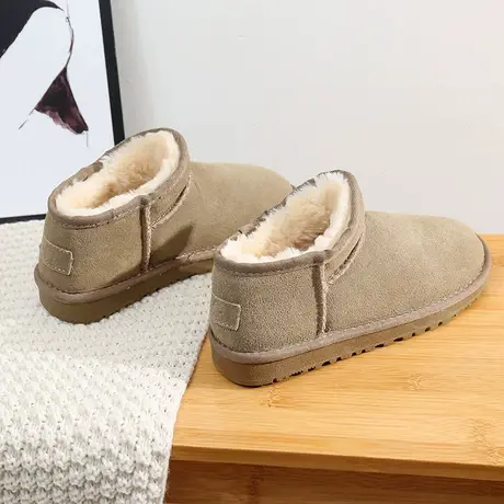 2024新款时尚雪地靴女短筒低帮一脚蹬浅口面包鞋牛皮懒人情侣棉鞋图片