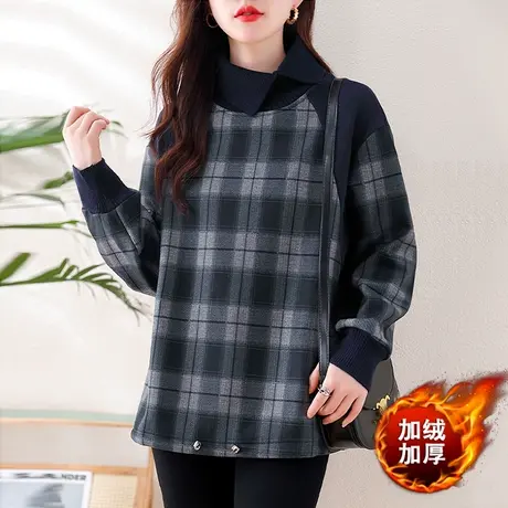妈妈秋冬季加绒卫衣女宽松加肥大码女装中年格子休闲百搭加厚上衣商品大图