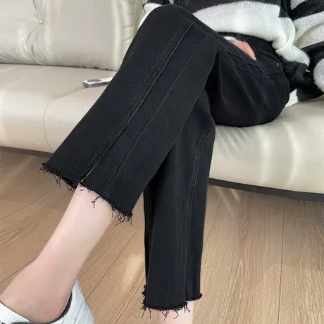加绒直筒牛仔裤女秋冬季2024年新款开叉高腰显瘦加厚九分烟管裤子图片