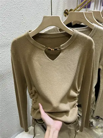 设计感抽绳镂空毛衣女长袖秋装2023新款修身气质小众针织内搭上衣商品大图