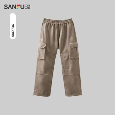 三福2023冬季男士麂皮绒工装口袋休闲裤 宽松直筒长裤男479604图片