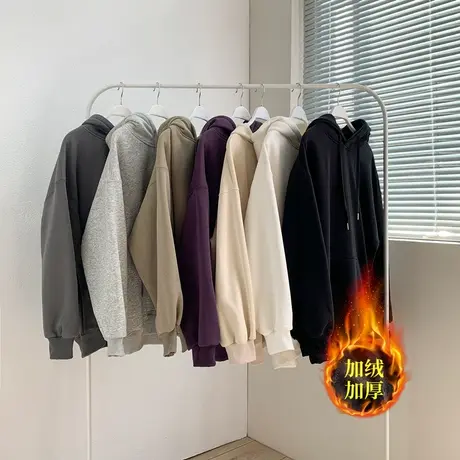 潮牌新款秋冬纯色加绒男女连帽卫衣宽松街头ins学生情侣上衣外套商品大图