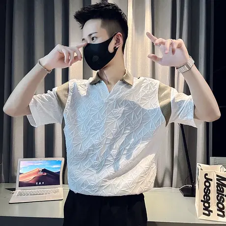 短袖男夏季高级感POLO衫男装上衣潮流撞色拼接小V领修身翻领T恤商品大图