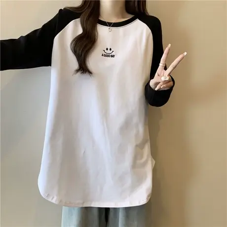 中长款德绒保暖刺绣打底衫女内搭外穿秋冬装宽松拼色插肩袖上衣潮商品大图