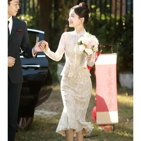 订婚礼服敬酒服2023新款新娘高级感蕾丝鱼尾修身冬季长袖登记领证商品大图